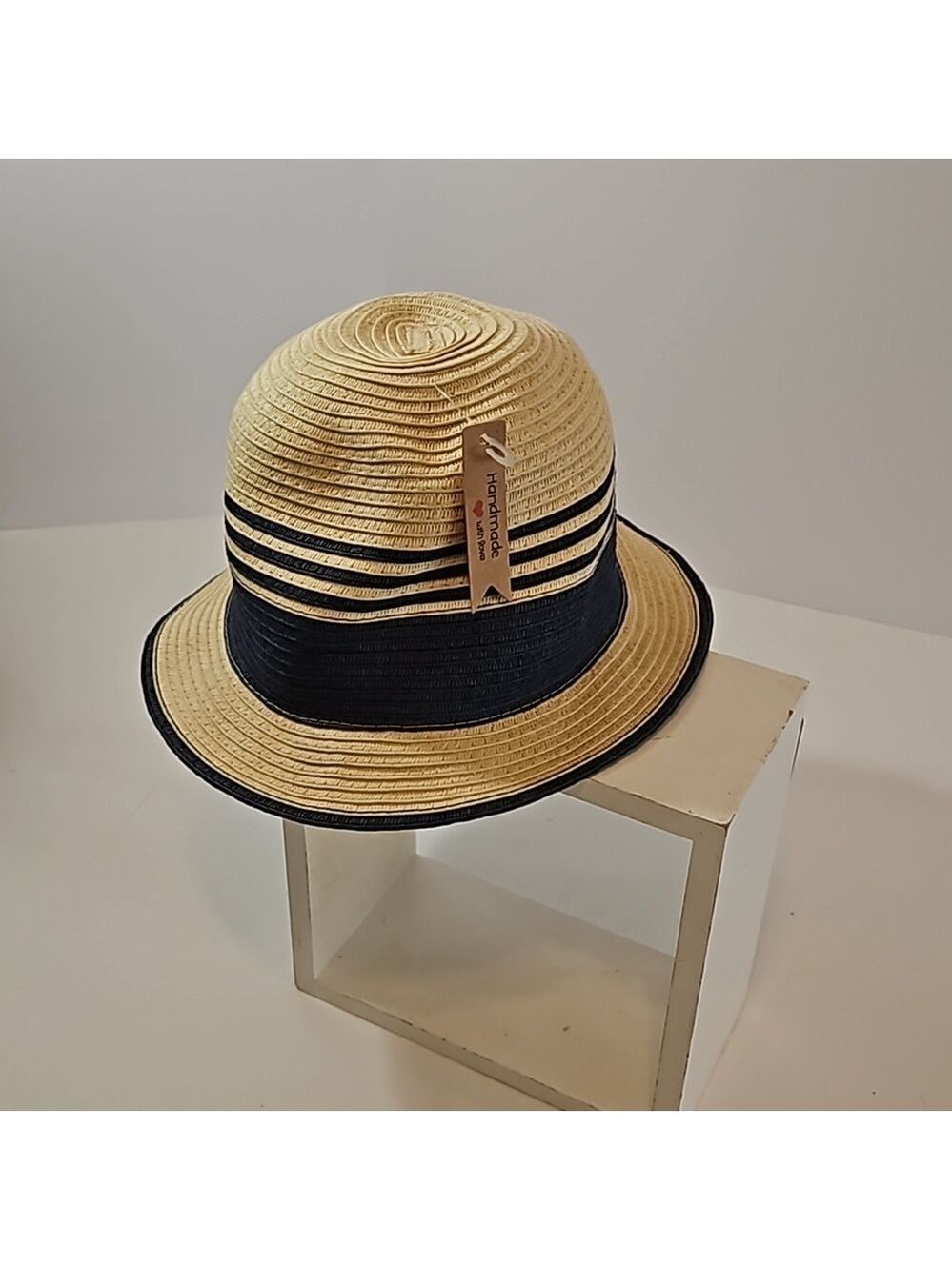 Summer Fedora Hat 100% paper straw Unisex black detail British Style Handmade - Picture 7 of 17